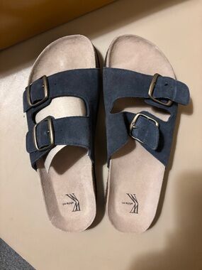 White Mountain Navy Suede Double-Buckle Slide Sandals
